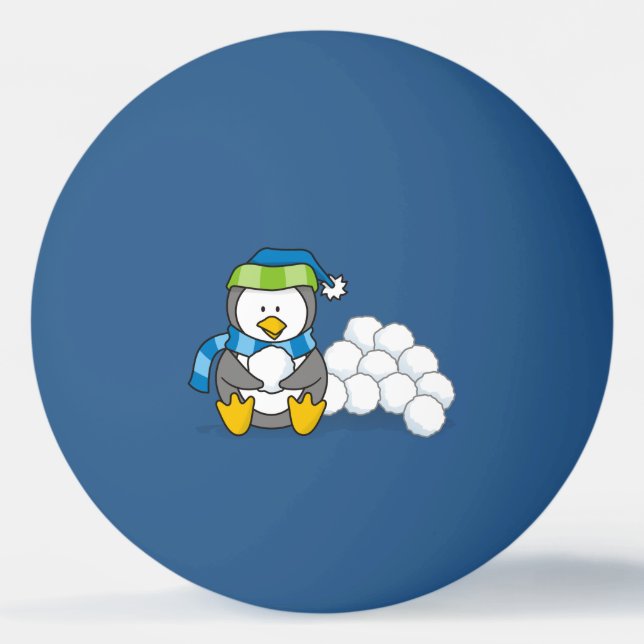 Lilla pingguin sitta med snöbullpongba pingisboll (Framsidan)