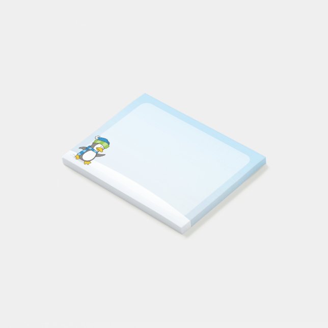 Lilla pingvin på snö post-it block (Vinklad)