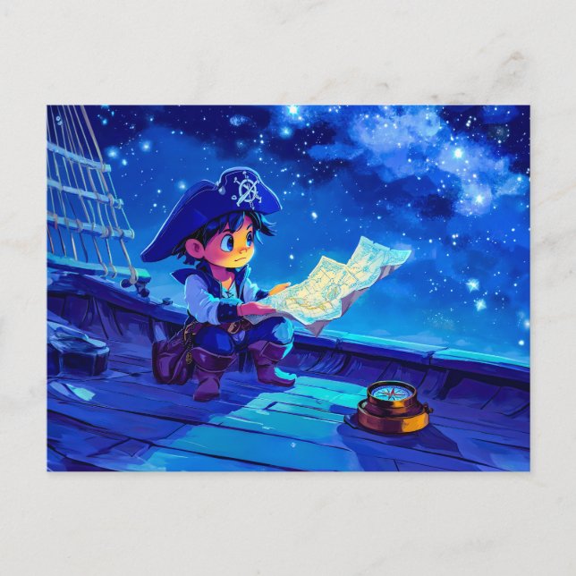 Lilla Pirat navigerar med stjärnor och kompass Vykort (Framsida)