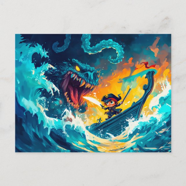 Lilla Pirat som slår en havsmonster på High S Vykort (Framsida)