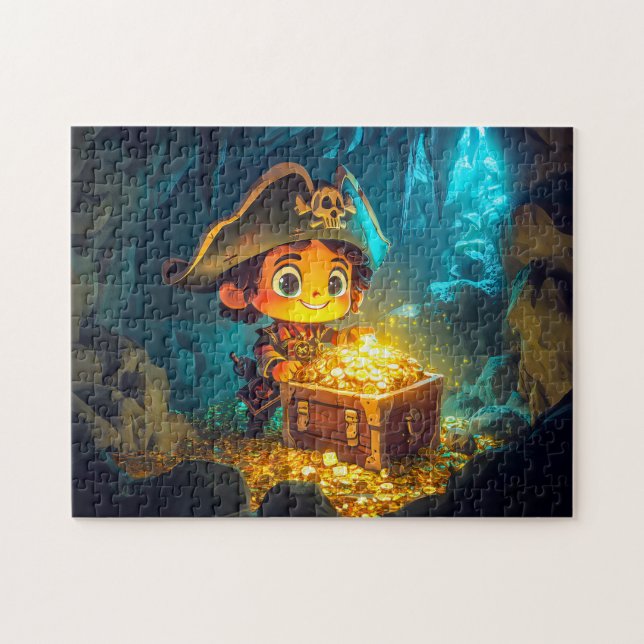 Lilla Pirat upptäcker en skatt i en grotta Pussel (Horisontell)