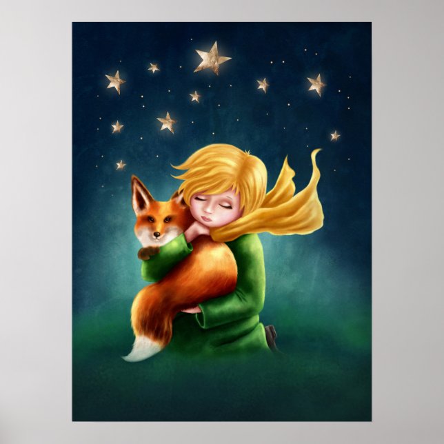 Lilla prins och Fox. Nursery Art Illustration Poster (Framsidan)