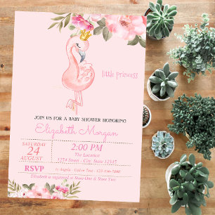 Lilla prinsessa, Flamingokrona  Blommig babyfirand Inbjudningar
