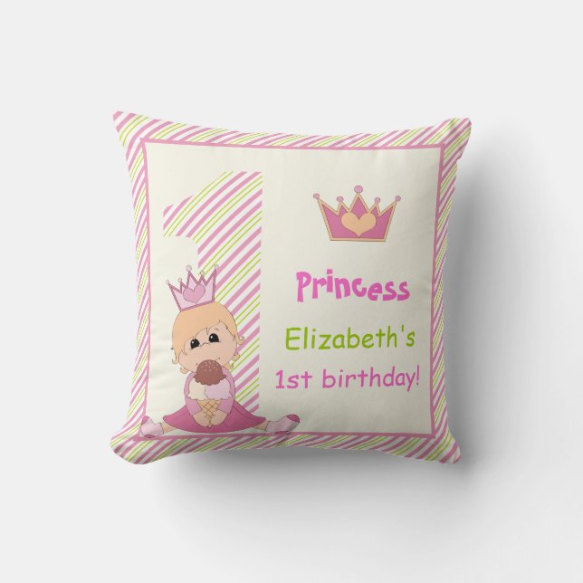Lilla prinsessa och krona flickor rosa 1:a födelse kudde (Framsida)