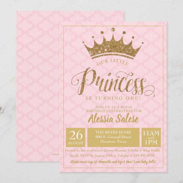 Lilla prinsessan Krona flicka 1:a födelsedagsinbju Inbjudningar (Fram/baksida)