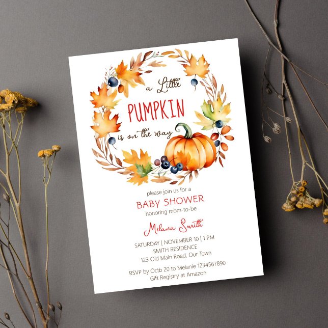 Lilla pumpa, babydusch höst löv andedräkt inbjudningar (Little pumpkin baby shower template invitation digital download fall leaves berries pumpkin wreath)