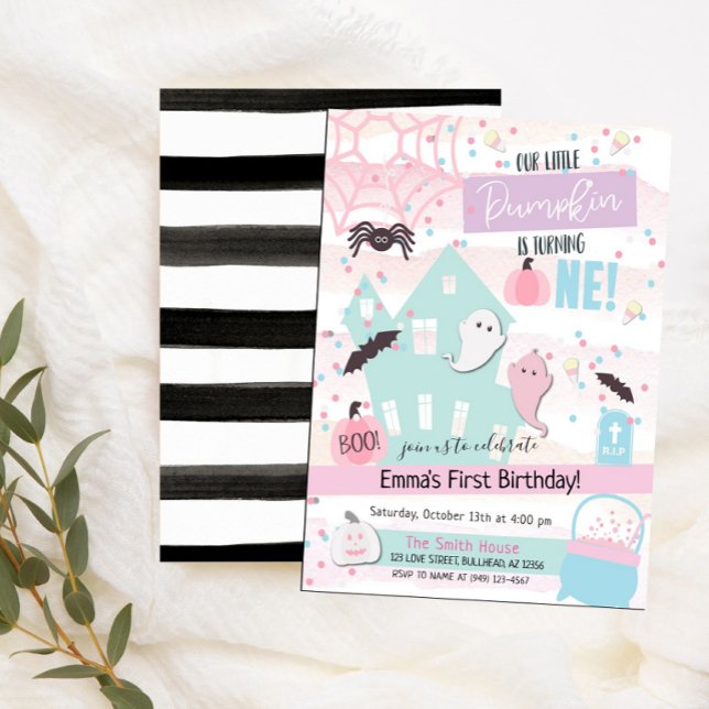 Lilla Pumpa Första Födelsedagen Halloween Pastell Inbjudningar (Skapare uppladdad)
