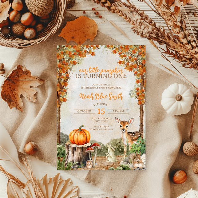 Lilla Pumpa Skogs Djur Höst 1-års födelsedag Inbjudningar (Our little pumpkin is turning one 1st birthday invitation fall)