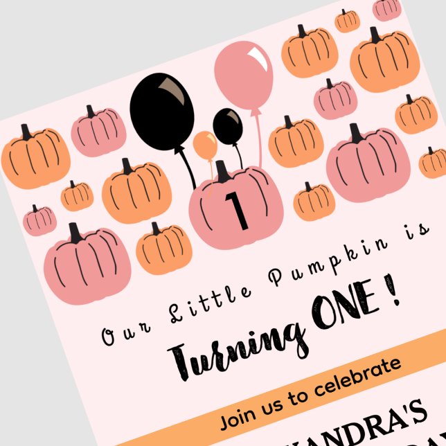 Lilla pumpan fyller ett Halloween Första födelseda Inbjudningar (Halloween-1st-Birthday-Invitation-Little-Pumpkin-Turning-one-pink-1)