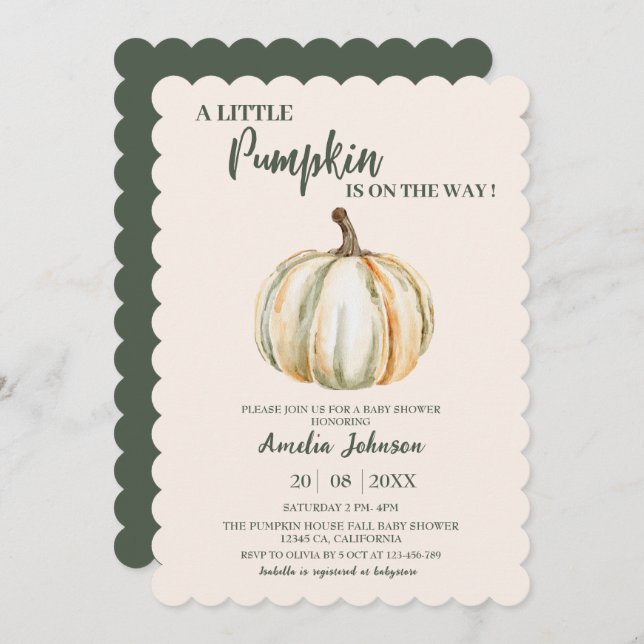 Lilla Pumpkin är på väg som Fall Baby Shower Inbjudningar (Fram/baksida)