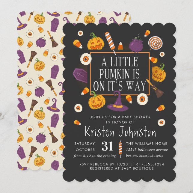 Lilla Pumpkin är på vägen. | HALLOWEEN FEST Inbjudningar (Fram/baksida)