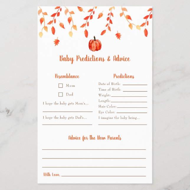 Lilla Pumpkin Baby Shower Baby Predictions Advice Flygblad (Framsidan)