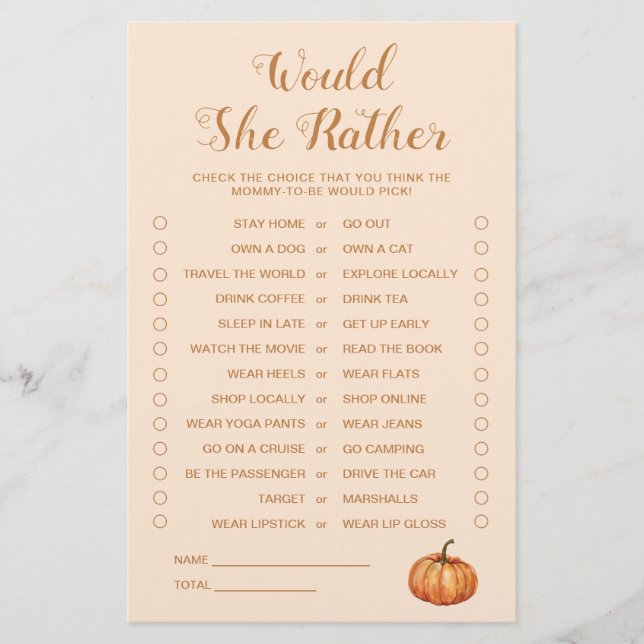 Lilla Pumpkin Baby Shower skulle hon hellre spela (Framsida)