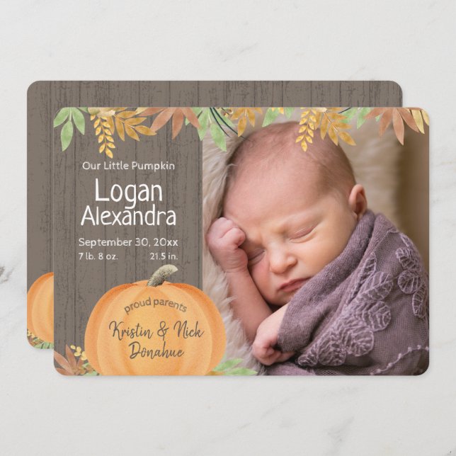 Lilla Pumpkin Birth-annonsen Inbjudningar (Fram/baksida)