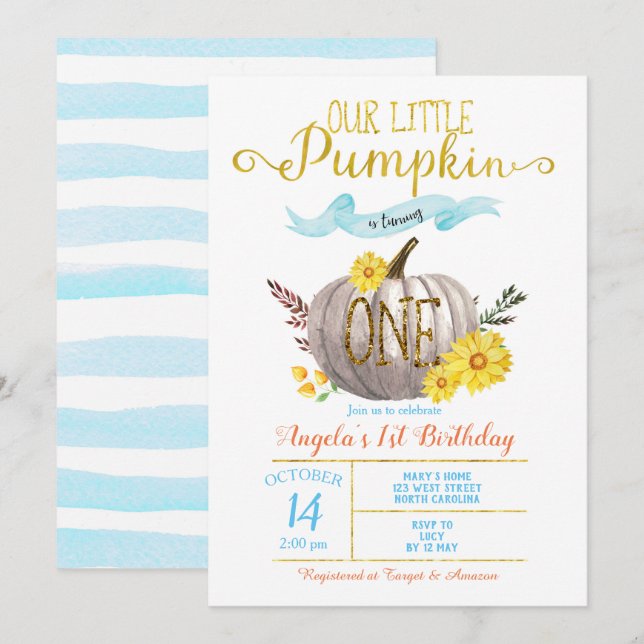 Lilla Pumpkin Boy Guld Blue Fall 1:a födelsedagen Inbjudningar (Fram/baksida)