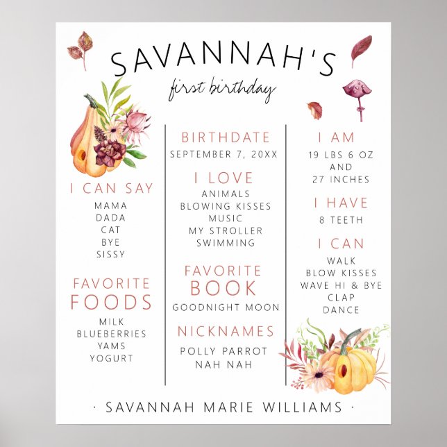 Lilla Pumpkin First Birthday Milestone Poster (Framsidan)