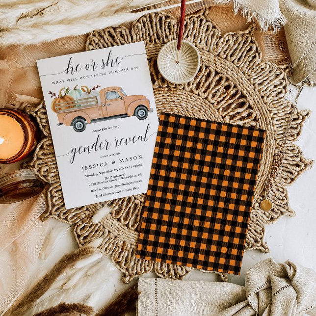 Lilla Pumpkin Lastbil Gender Reveal Card Inbjudningar (Skapare uppladdad)