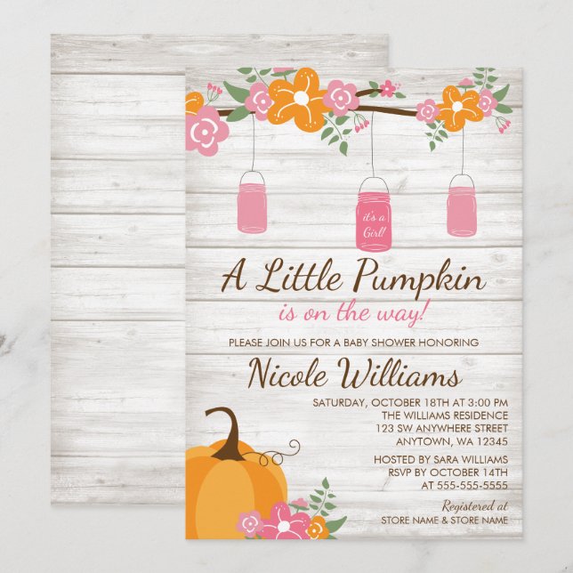 Lilla Pumpkin Mason Burk Fall Girl Baby Shower Inbjudningar (Fram/baksida)