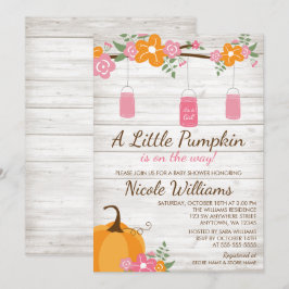 Lilla Pumpkin Mason Burk Fall Girl Baby Shower Inbjudningar
