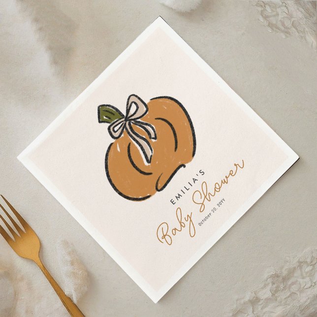 Lilla Pumpkin på babysknappen Pappersservett (A sweet little pumpkin is on the way! Cute Halloween baby shower personalized paper napkins.)