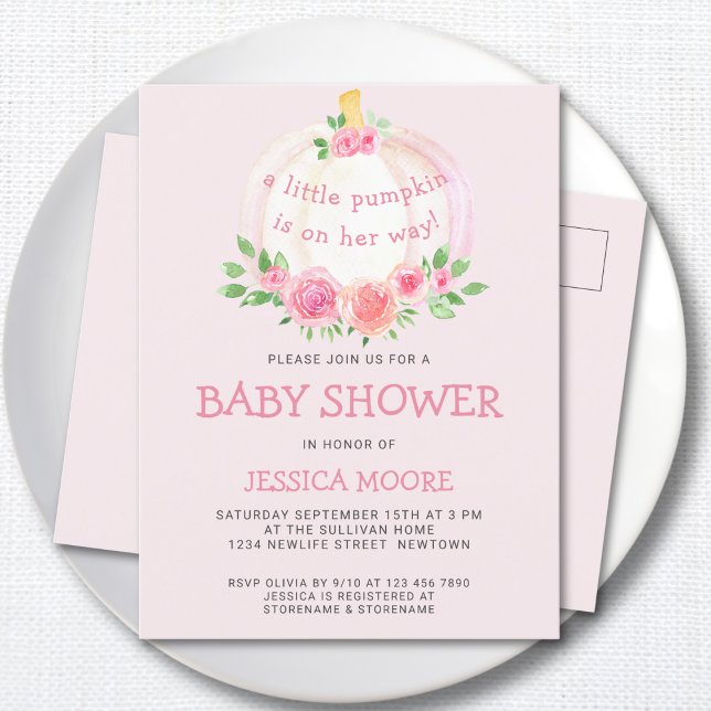 Lilla Pumpkin på hennes sätt Rosa Baby Shower Inbjudan Vykort (Skapare uppladdad)