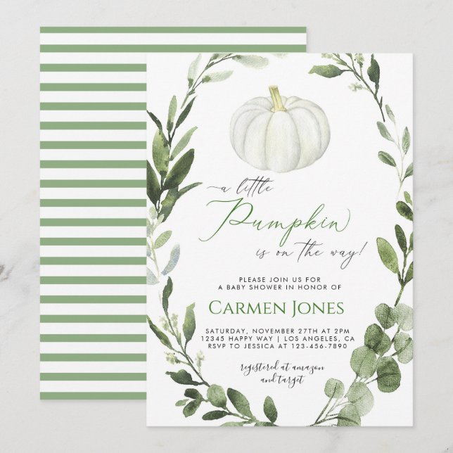 Lilla Pumpkin på inbjudan till babyduschen (Fram/baksida)