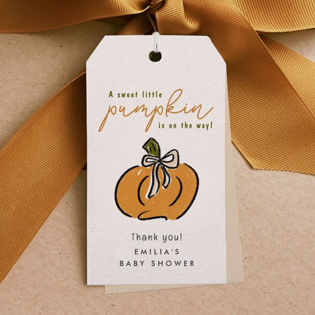 Lilla Pumpkin på Tacken för babyskor Presentetikett (Little Pumpkin On The Way Baby Shower Thank You Gift Tags)