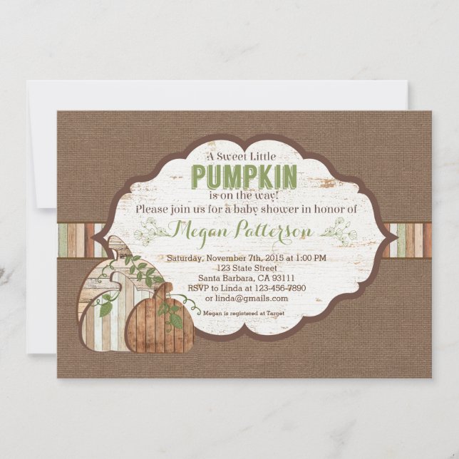 Lilla Pumpkin på vägen! Rustic Baby Shower Inbjudningar (Framsida)