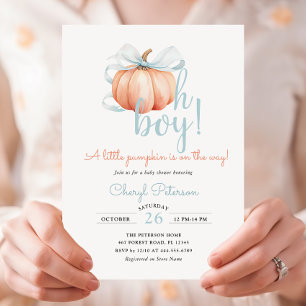 Lilla Pumpkin på Way Blue Bow Boy Shower Inbjudningar