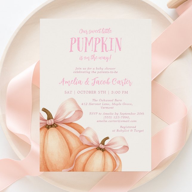 Lilla Pumpkin, rosa båge, Coquette babydusch Inbjudningar (Skapare uppladdad)