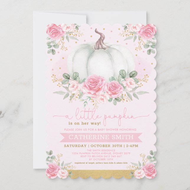 Lilla Pumpkin Rosa Guld Blommigt Fall Baby Shower Inbjudningar (Framsida)