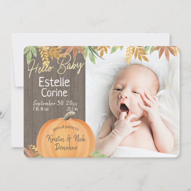 Lilla Pumpkin Rustic Photo Birth-meddelande Inbjudningar (Framsida)