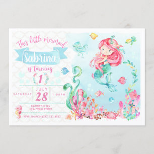 Lilla Red Head Sjöjungfru Birthday-inbjudan Inbjudningar