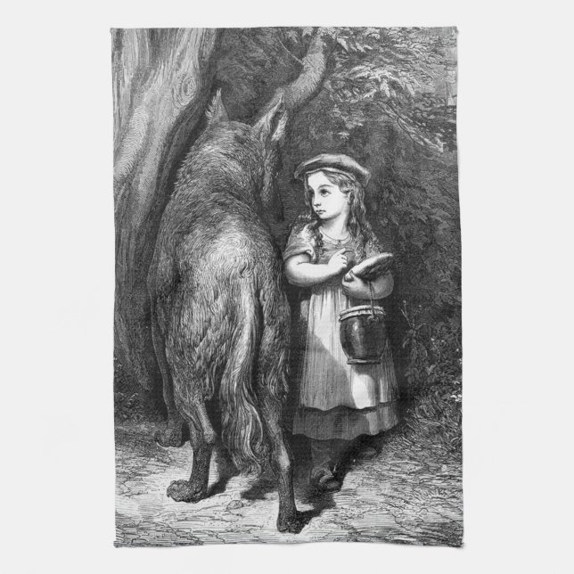 Lilla Red Riding Huva möter gamla Far-Vargen Kökshandduk (Vertikal)