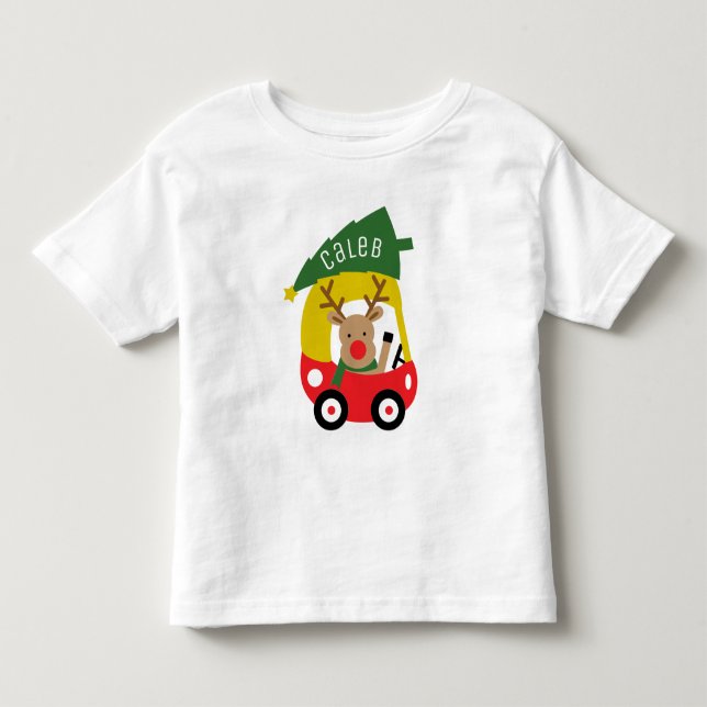 Lilla renen röda bil & julgran barn baby t shirt (Framsida)