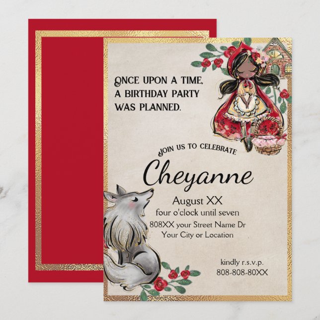 Lilla röd Huva med svart hår Inbjudningar (Fram/baksida)