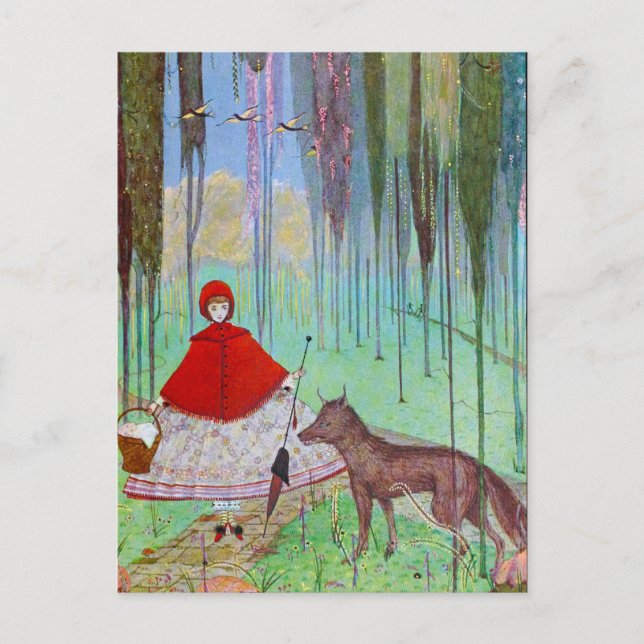 Lilla röd ridning huva vykort (Framsida)