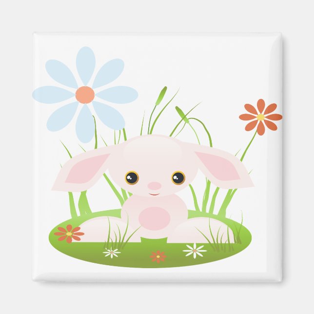 Lilla Rosa Baby Bunny med blommor Magnet (Framsidan)