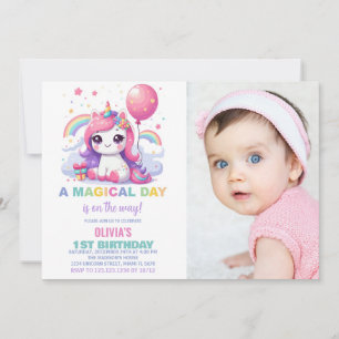 Lilla Rosa Unicorn Birthday-inbjudningar med foto Inbjudningar