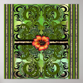 Lilla rött blomma och gröntens fuktmönster poster