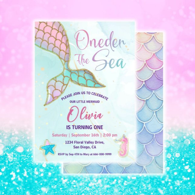 Lilla Sjöjungfru ONEder Sea 1st Birthday Party Inbjudningar (Pink and gold Mermaid 1st Birthday Party Invitation)