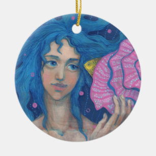 Lilla Sjöjungfru, undervattensbild, Rosa Blue Julgransprydnad Keramik