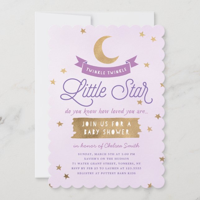 Lilla skrynklingsstjärna| Babyskor| Lila Inbjudningar (Framsida)