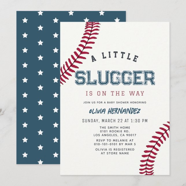 Lilla Slugger Baseboll Pojke Bebis Shower Inbjudningar (Fram/baksida)