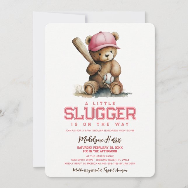 Lilla Slugger Flickan Teddybjörn Bebis Bjudning Inbjudningar (Framsida)