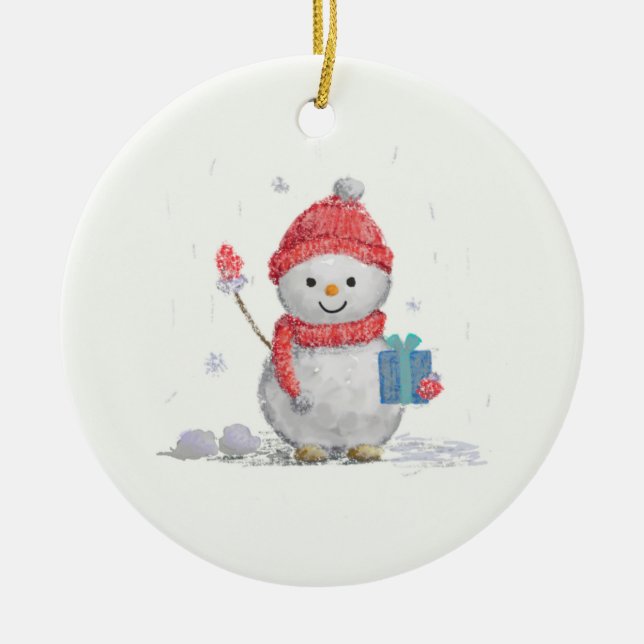 lilla snögubbe julgransprydnad keramik (Framsidan)
