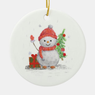 lilla snögubbe med julgran julgransprydnad keramik