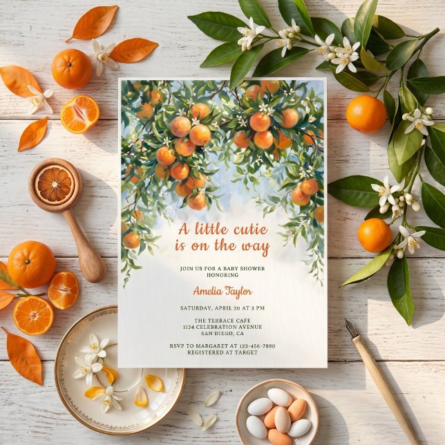 Lilla sötnos Citrus Apelsinblom Baby Shower Inbjudningar (Watercolor little cutie baby shower baby shower invitation)