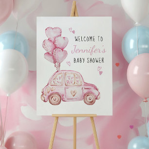 Lilla sötnos rosa bil och ballonger välkommen poster