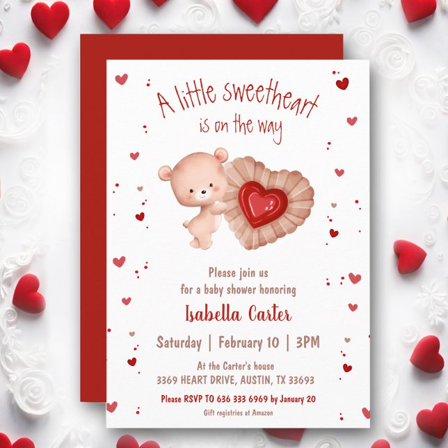 Lilla Sötnosbjörn Röda Alla Hjärtans Dags Baby Sho Inbjudningar (Little Sweetheart Bear Red Valentines Baby Shower Invitation)